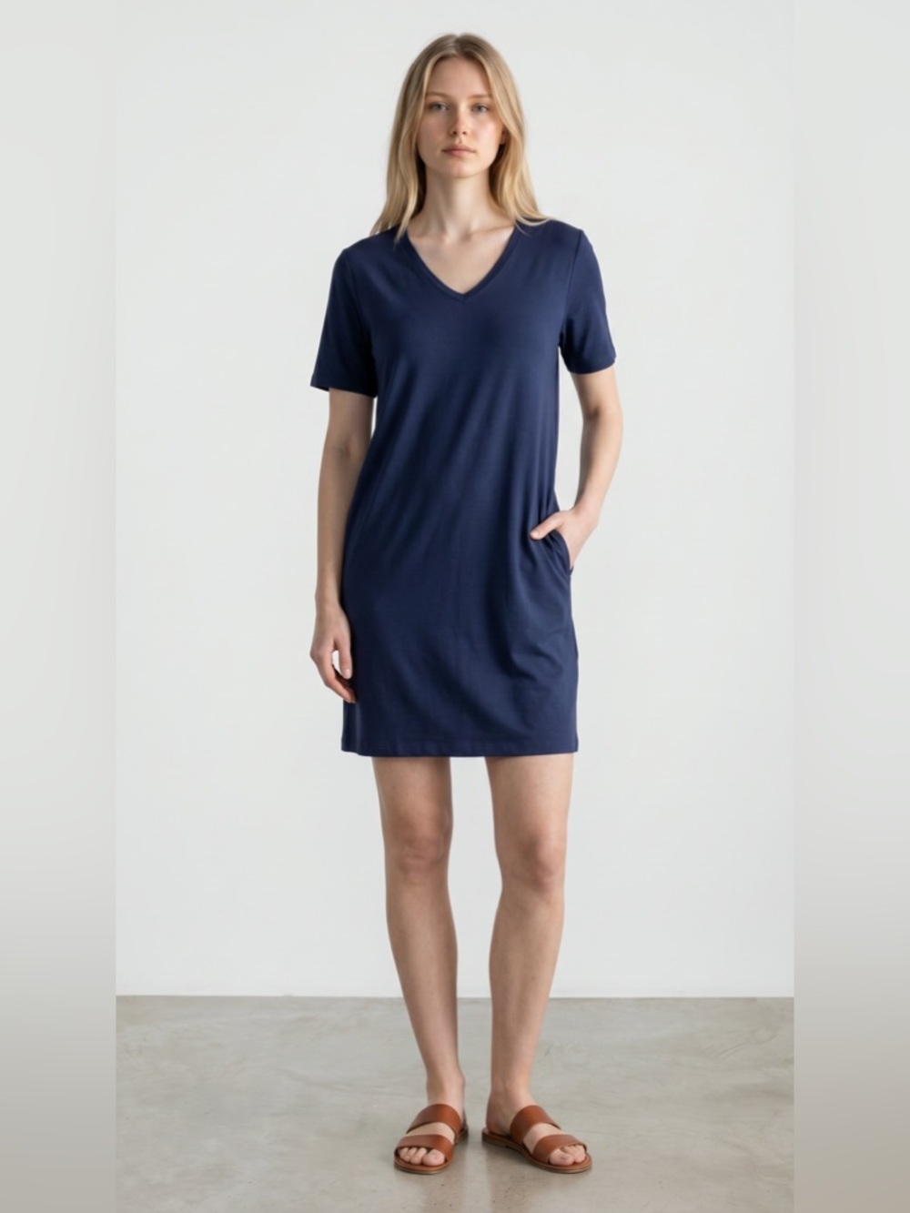 Eileen Fisher Petite Minimalist Organic Cotton V-Neck T-Shirt Dress Navy NWT